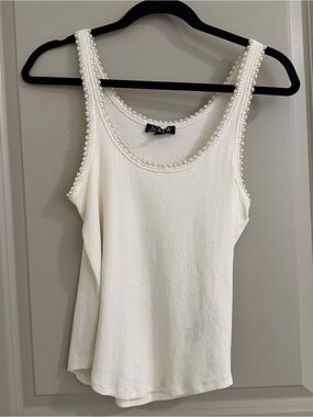 J. Crew Ivory Ribbed Pearl-Trim Tank